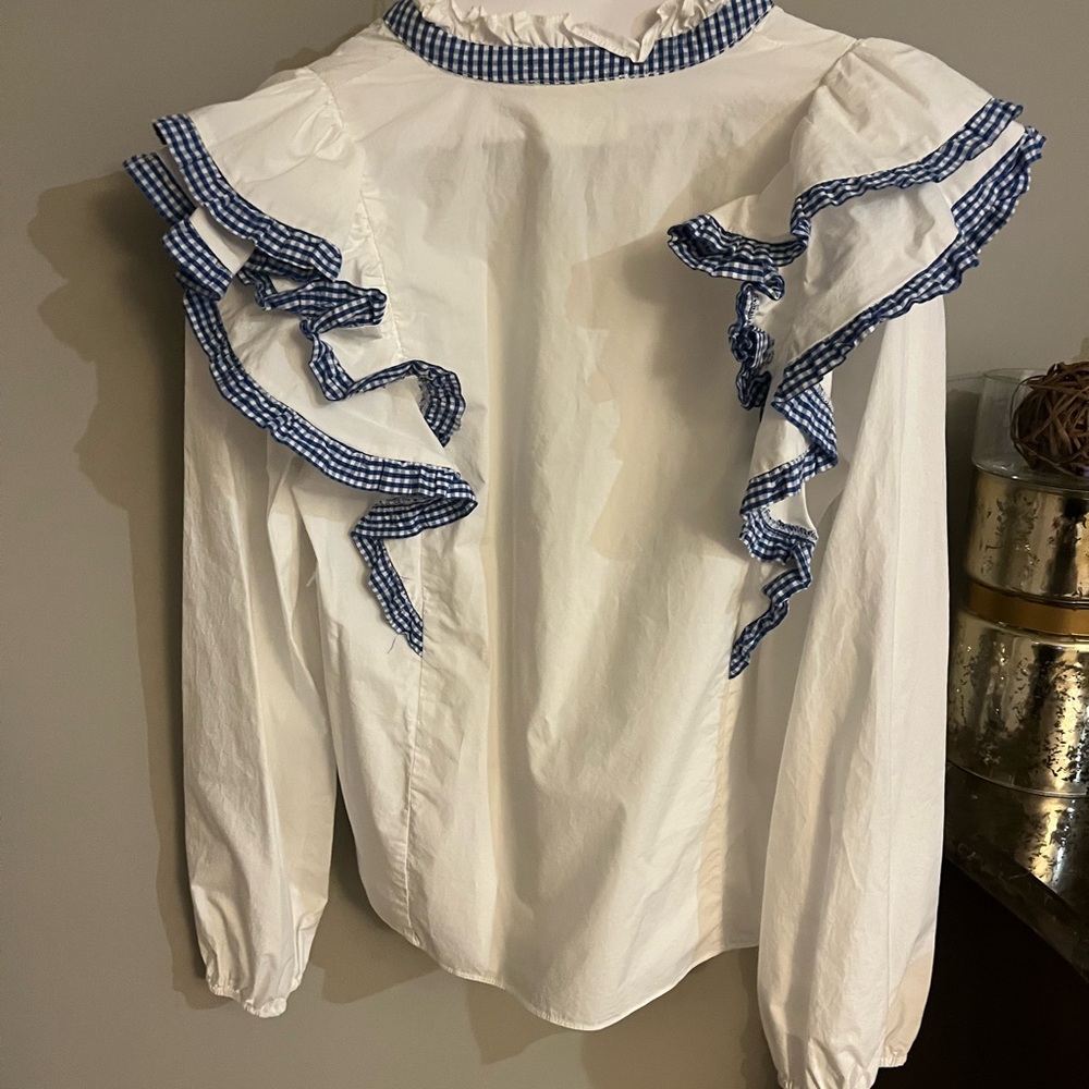 Hyacinth House Chic White Blouse with Blue Ruffle Trim - Picture 6 of 7